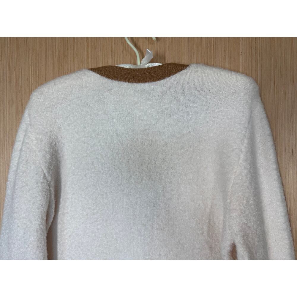 Loft Plush Ribbed Trim Cardigan Sweater Size Large Cream Tan Preppy Minimalist - Picture 5 of 10